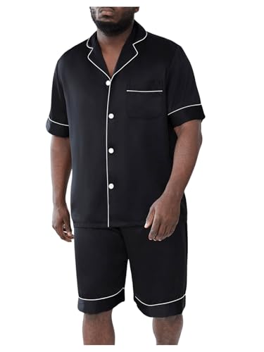 WDIRARA Men's Satin Pajamas Short Sleeve Button Up Top and Shorts Pj Lounge Set Black 3XL