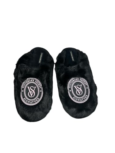 Victoria's Secret Closed Toe Faux Fur Slipper Color Black New (Black Logo, US Footwear Size System, Adult, Women, Alpha, Medium, Large)