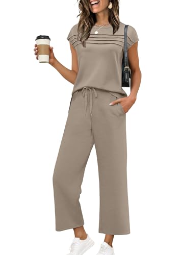 WIHOLL Two Piece Sets for Women Summer Casual Lounge Set Vacation Travel Outfits Matching Sets Women's Clothing Airport Wide Leg Crop Pants Cap Sleeve Tops S