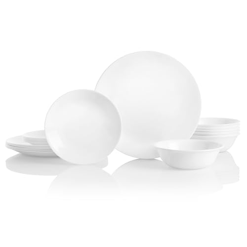 Corelle Vitrelle 18-Piece Service for 6 Dinnerware Set Triple Layer Glass and Chip Resistant, Lightweight Round Plates and Bowls Set, Winter Frost White