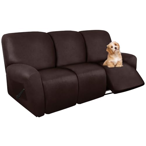molasofa Recliner Sofa Covers - 8 Pieces Stretch Leather Like Large Couch Covers for 3 Seats Reclining Slipcovers Soft Jacquard Pattern Furniture Protector with Elastic Bottom (Chocolate)