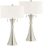 360 Lighting Rachel Modern Art Deco Table Lamps 28" Tall Set of 2 Concave Column Hourglass Silver Metal White Drum Shade for Living Room Bedroom House Bedside Nightstand Home Office Reading