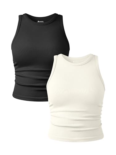 OQQ Women's 2 Piece Tank Tops Crew Neck Sleeveless Basic Stretch Casusal Yoga Crop Camis Black Beige