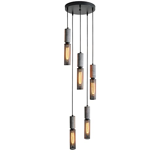 ADCTHOME 5-Light Concrete Linear Pendant Light with a Metal Mesh Shade,Modern Industrial Hanging Cement Pendant Lighting for Kitchen Island Bedroom Living Room Dining Room Light Fixture
