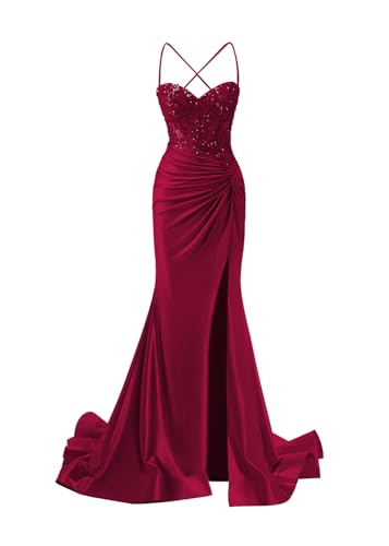 Clothfun Spaghetti Strap Sweetheart Satin Prom Dresses with Slit 2025 Long Burgundy Ruched Mermaid Formal Dresses for Women Burgundy Size 6