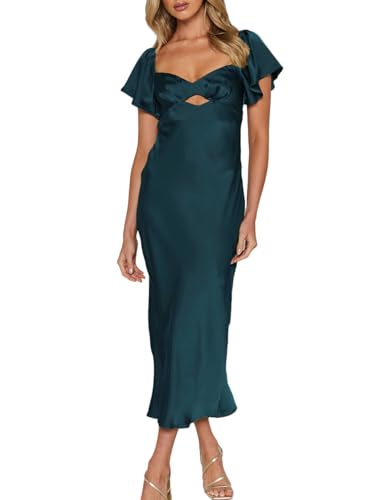 Summer Satin Flutter Sleeve Wedding Guest Dresses for Women Sweetheart Neckline Cutout Tie Back Midi Cocktail Dress