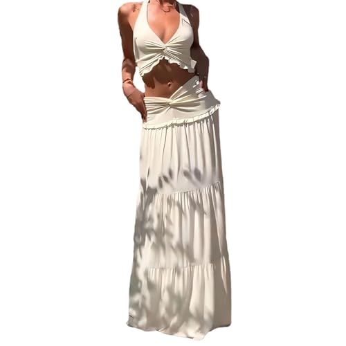 Maxi Skirt Set Women 2 Piece Outfits Sleeveless Strap Top Maxi Skirt Solid Going Out Vacation Two Piece Skirt Set Apricot