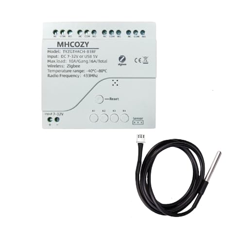 MHCOZY Zigbee Temperature Monitor Controller,4 Channel 12V Tuya app Remote Dry Contact Smart Relay Switch with Waterproof Temperature Sensor Probe(Tuya Zigbee hub needed)
