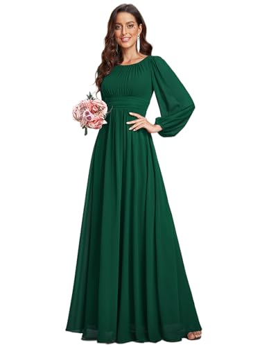 Ever-Pretty Women's Elegant Long Sleeves High Waist Chiffon Floor Length Cocktail Dresses Dark Green US12