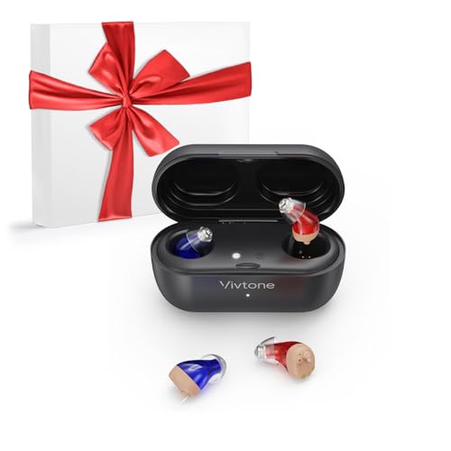 Vivtone Supermini Hearing Aids (Not Amplifiers), Rechargeable Digital Hearing Devices with 16-channel Sound Processing for Superior Sound Quality, Over-the-Counter, Pair (Blue & Red with Black Case)