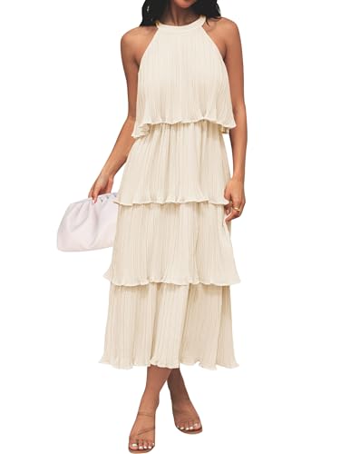 ZESICA Women's 2024 Summer Sleeveless Halter Neck Ruffle Tiered Layed Chiffon Flowy Swing Long Midi Dress,Apricot,Small