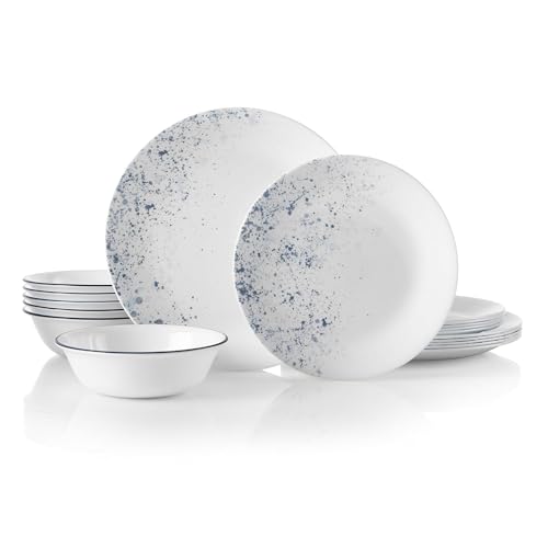 Corelle Vitrelle 18-Piece Service for 6 Dinnerware Set Triple Layer Glass and Chip Resistant, Lightweight Round Plates and Bowls Set, Indigo Speckle
