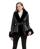 GRAN ORIENTE Faux Leather Jacket for Women with Faux Fur Collar Long Sleeve Fuzzy Parka Overcoat with Warm Trimmed Winter Peplum Coat Belted (GK007 Black XL)