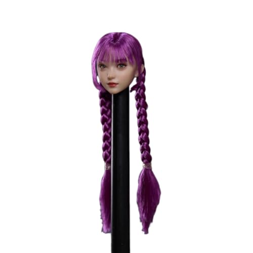 SOUFORCE 1/6 Scale Female Head Sculpt Asian Young Girl Big Movable Eyes Purple Double Twist Braid Head for 12inch Phicen, TBLeague Action Figure Body Collection