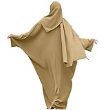 IDOPIP Muslim Abaya for Women One Piece Long Sleeve Islamic Prayer Dress with Hijab Loose Full Length Maxi Cover Kaftan Robe Gown with Khimar Jilbab Niqab Dubai Modest Clothes Khaki + Hijab One Size