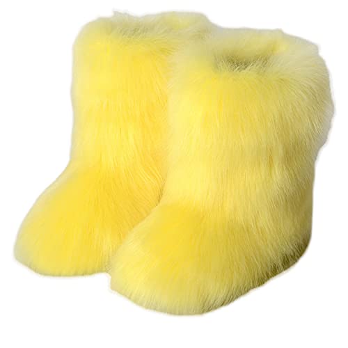 LVCOMEFF Women Faux Fur Boot with Fur Lining Plus Size Outdoor Furry Fluffy 2021 Flat Shoes Fuzzy Snow Boot (yellow, numeric_10)