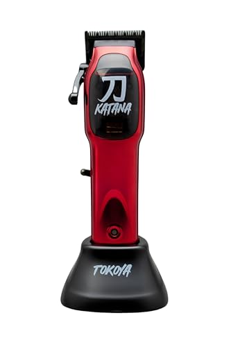 TOKOYA Katana Professional Barber Cordless Hair Clipper | 10000 RPM Magnetic Microchipped Motor | DLC Zero Gapped Fade Blade | Rechargable Hair Clippers for Men (red/Black)