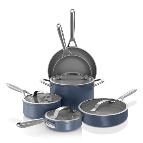 Ninja Ceramic Pro 10-Piece Cookware Set, Non-Stick Pots & Pans Set with Glass Lids, PTFE Free, Ceramic Coated, Stove to Oven Safe, All Stovetops & Induction Compatible, Midnight Blue, CW39010MM