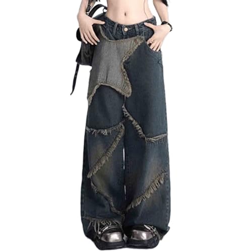 BXCNCKD Women's y2k Retro Leg Wide Leg Pants with Star Pattern Rough Edged Floor Pants high Waisted Loose Jeans (Blue,Large)