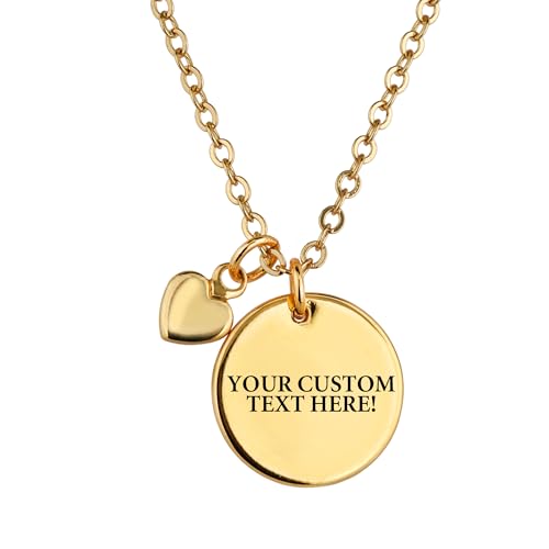 Personalized Disc Necklace, Custom Text Engraved Jewelry Gift for Women, Customized Name Coin Pendant with Heart Charm, Personalized Gifts for Mom, Bridesmaid, Christmas, Birthday (Gold Disc)