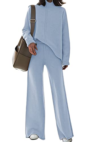 AOHITE Women's Knit Sweatsuit Turtleneck Sweater Top Wide Leg Pants 2 Piece Outfits Light Blue Medium