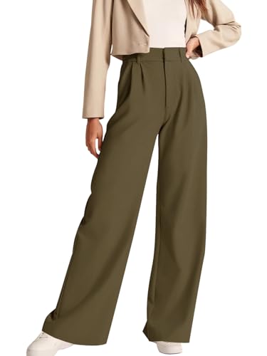 NIMIN Womens Straight Wide Leg Pants Trendy Office Wear Business Casual Trousers Pleated Front 2024 Professional Clothes Army Green Small