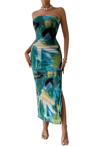 PRETTYGARDEN Women's Summer Maxi Bodycon Dresses Strapless Tube Top Printed Long Party Club Slit Dress (Print Green,Medium)