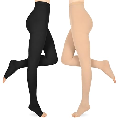 Compression Pantyhose for Women & Men 2 Pairs Open Toe 15-20mmHg Medical Graduated Compression Stockings Waist High Support Tights Opaque Leggings for Varicose Veins Edema Flight,Mix XL