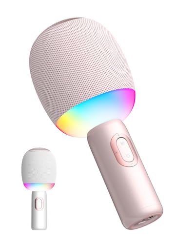 Wireless Bluetooth Karaoke Microphone, 5-in-1 Portable Handheld Mic Speaker with Dynamic Lights, Karaoke Microfono for Car Travel Home Party, Music Record, Duet Singing Gifts for Adults Kids (Pink)