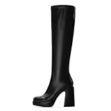 Modatope Knee High Platform Boots for Women Chunky Heel Black Platform Knee High Boots Womens Rounded Toe Side Zipper Tall Boots for Women Size 8