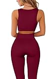 QINSEN Workout Outfits for Women 2 Piece Ribbed Seamless Crop Tank High Waist Yoga Leggings Sets (S, 09 Wine)