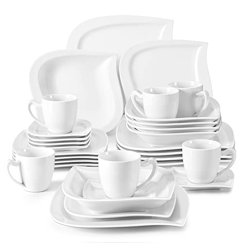 MALACASA Dinnerware Sets, 30 Piece Ivory White Plates and Bowls Sets for 6, Porcelain Dishes Set with Dinner Plate Set, Cup and Saucer, Kitchen Dinner Dining Ware Set, Microwave Safe, Series Elvira