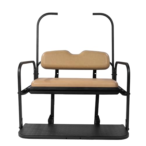 VPAHub EZGO TXT Golf Cart Flip Folding Rear Seat Kit, Tan Cushions, Black Powder-Coated Frame, Plastic Footrest, Cooler Box Cutout, Fit for TXT 1995+ Models