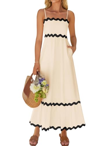 ZESICA Women's 2025 Summer Spaghetti Straps Sleeveless Backless Sundress Flowy Smocked Lace Swing A Line Midi Dress,Apricot,Small