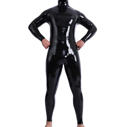 SMITIZEN Latex-like Silicone Catsuit Glossy Neck Entry Bodysuit for Men, One Piece Jumpsuit Zentai Clubwear Halloween Costume (Black)