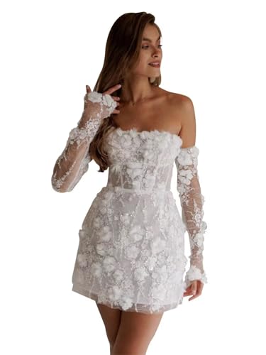 UZN Short Boho Wedding Dresses for Bride 2025 White Sparkly Strapless Lace Tulle Bridal Dress with Lace Appliques Sleeve Bodycon 2