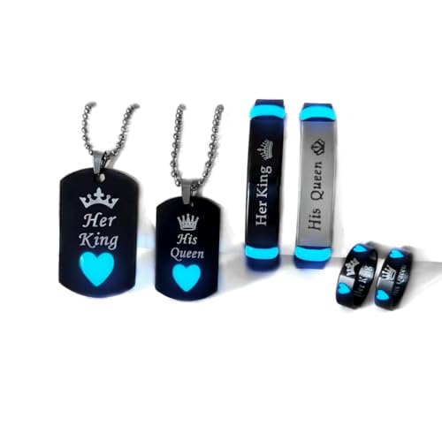ATLVXJL 6/Pcs Set Glow-in-the-Dark Couples Jewelry Set, His Queen Her King Matching Necklaces and Rings, Black with Blue Heart, Romantic Accessories