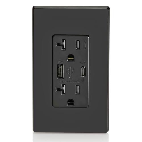 Leviton 60W (20V@2.5A+ 5V@2A) USB Dual Type A/Type-C Power Delivery in-Wall Charger with 20A Tamper-Resistant Outlet, USB Charger for Smartphones, Tablets, Laptops, T5834-E, Black