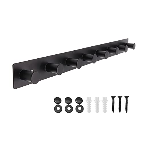 AJLTPA Coat Rack Wall Mounted, White Coat Hooks Screw in, Stainless Steel Door Hooks for Hanging Hat Towels Clothes, Hook Rail with 8 Round Hangers (Black, 8 Hooks)