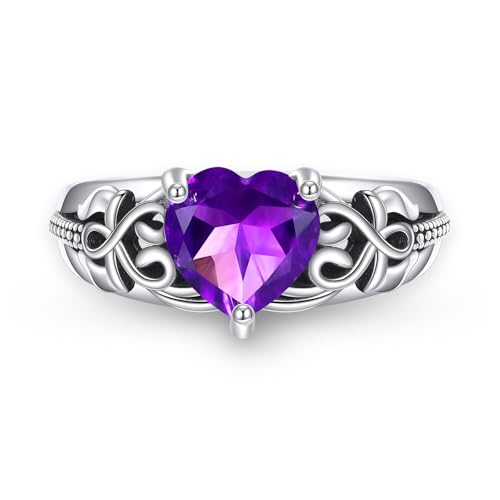 DOTOUJOUR Natural Amethyst Promise Ring for Women 8mm Heart Shaped Real Amethyst Rings 925 Sterling Silver Vintage Size 7