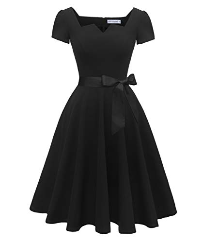 Girstunm Women's Classic Tea Dress Short Sleeve Swing Cocktail Party Dresses with Pockets Black XS