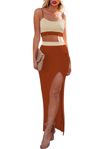 Cutiefox Summer 2 Piece Skirt Sets for Women Knit Sleeveless Crop Top Side Slit Skirt Sweater Dress Set Outfit Coffee Colorblock M