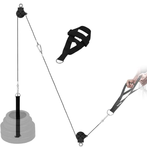 Yes4All Combo 6-Piece Tricep Pulley System for 2" Plates, Includes Pulley, Steel Cable, Handle Strap, Foor Strap, Loading Pin Strap & Carabiners - LAT Cable Machine Attachment for Gym 400 LB Capacity