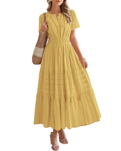 BTFBM Womens Summer 2025 Casual Midi Maxi Dresses Lightweight Short Sleeve V Neck Elastic Waist Boho Beach Dress Pockets(Yellow, Large)