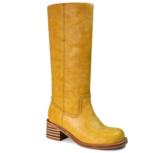 UBWDU Banana Wide Calf Knee High Boots for Women Chunky Heel Block Long Tall Boots Low Heel Square Toe Platform Campus Boots Size 9