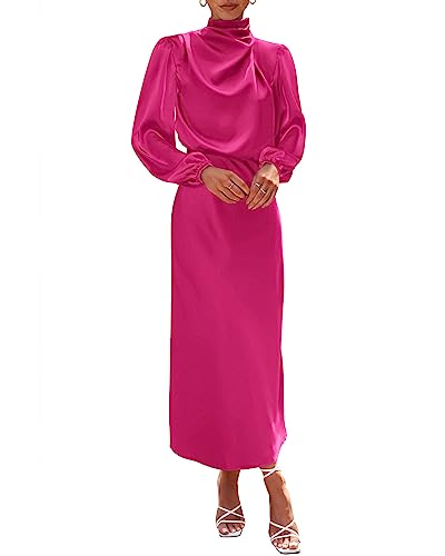 BTFBM Womens Mock Neck Satin Dress 2025 Summer Spring Long Sleeve High Waist Wedding Party Maxi Formal Cocktail Dresses(Rose Red, Small)