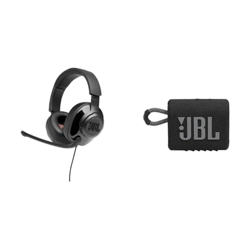 JBL Quantum 200 Gaming Headphones Go 3 Portable Speaker Bundle - Wired Over-Ear Headset for Immersive Game Audio and Bluetooth Speaker for Bold Sound