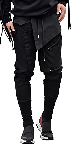MOKEWEN Men's Drawstring Cross Ankle Layered Jogger Cargo Pants with Big Pockets Black W28-29