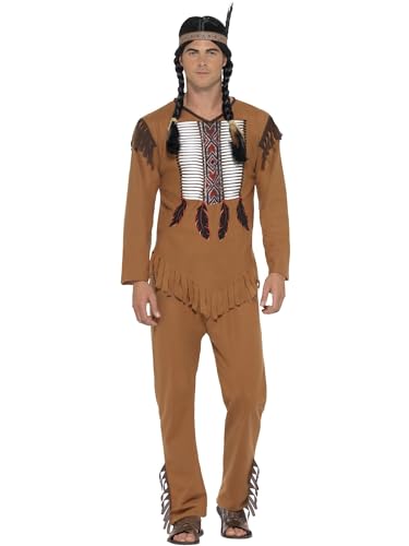 Smiffys Native American Inspired Warrior Costume, Brown with, Top, Trousers & Headband, Cowboys and Indians Fancy Dress, Adult Dress Up Costumes