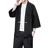 PRIJOUHE Men's Kimono Jackets Cardigan Casual Cotton Blends Linen Seven Sleeve Open Front Embroidery Coat